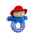 Plush toy rattle with a red hat and blue checkered rattle on a white background