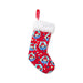Red Christmas stocking with cartoon Paddington BEar and Christmas lights pattern on a white background