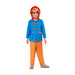 Boy in Paddington bear halloween costume of blue jacket, hood and orange trousers