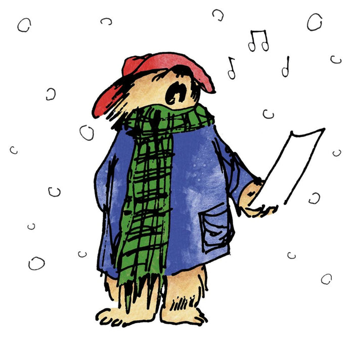 Paddington bear in a blue coat and red hat holding sheet music with musical notes around.