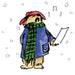 Paddington bear in a blue coat and red hat holding sheet music with musical notes around.