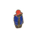 A pin badge featuring an illustration of Paddington bear in his iconic blue duffel coat and red hat.