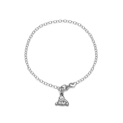 Silver bracelet with a small Paddington charm on a white background