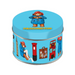Paddington bear blue chocolate buttons tin with Paddington London illustrations including a post box, a suitcase, a london bus and big ben.