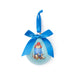 Decorative ornament with a blue ribbon and a Paddington bear character design on a white background