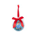 Decorative blue Paddington Christmas ball ornament with a red ribbon on a white background