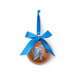 Decorative ornament with a blue ribbon and a design of Paddington bear carrying packages on a white background