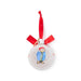 Pink Christmas ornament with a Paddington bear design and red ribbon on a white background