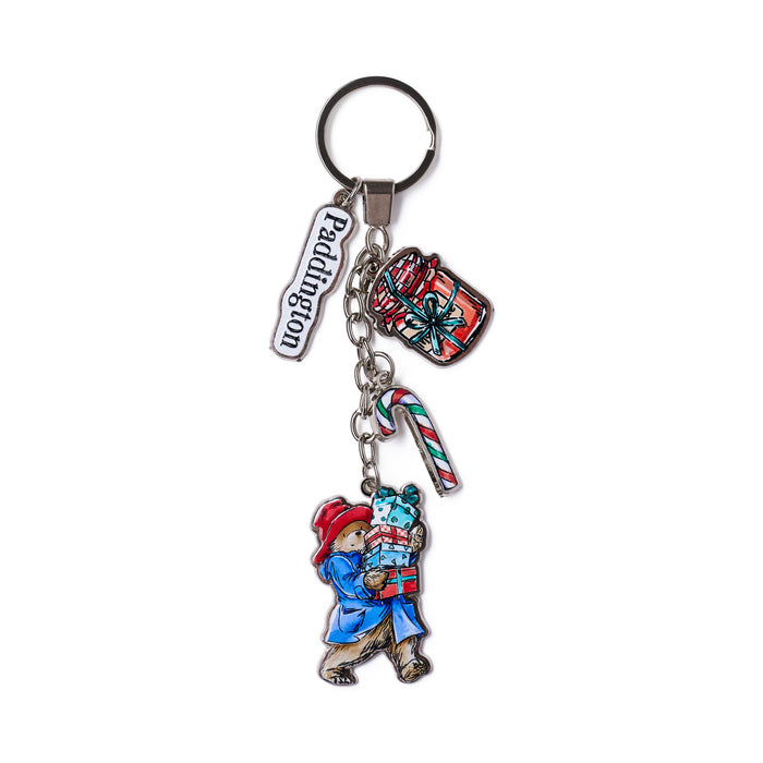 Christmas Keychain with Paddington Bear design carrying xmas gifts, a candy cane and a marmalade jar on a white background