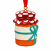 Decorative marmalade jar ornament with a red lid, white checkered pattern, orange body, and blue ribbon on a white background.