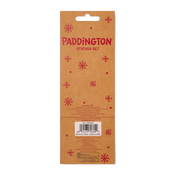 Paddington sticker set packaging with red text and snowflake designs on a brown background