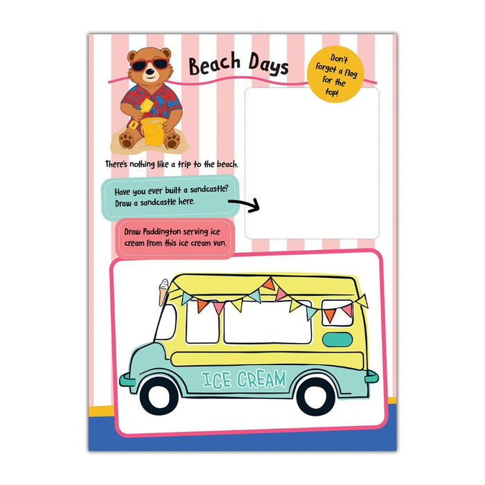 Children's activity book with a bear, ice cream truck, and sandcastle illustrations on a striped background.