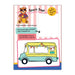 Children's activity book with a bear, ice cream truck, and sandcastle illustrations on a striped background.