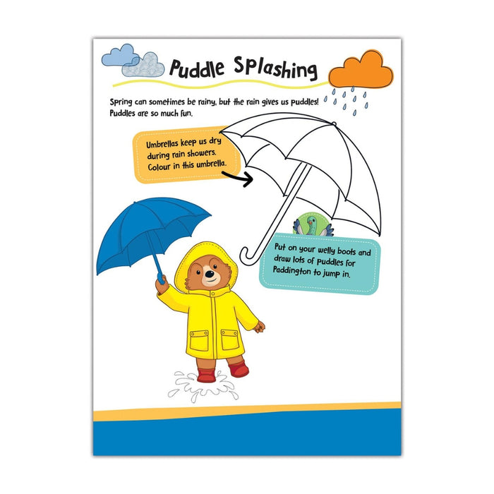 Coloring page with a bear in a raincoat and umbrella, themed around puddle splashing.