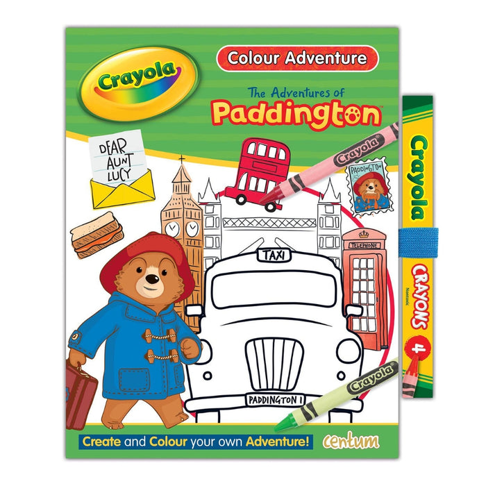 Crayola Colour Adventure book featuring Paddington Bear with coloring book and crayons.