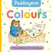 Book cover of 'Paddington Colours' featuring Paddington Bear with a rainbow and educational items.