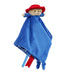 Blue plush comfort blanket with a red hat and scarf on a white background