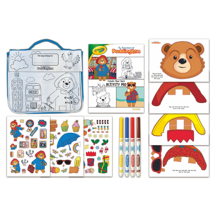 Children's activity set with coloring book, stickers, and markers on a white background