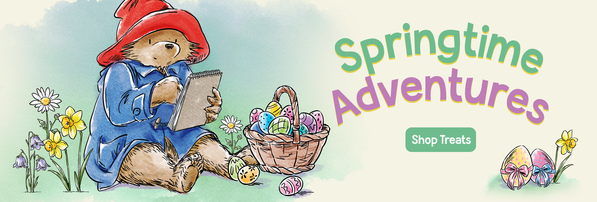 Springtime Adventures with Paddington Easter banner with colourful sketch of Paddington and Easter Eggs