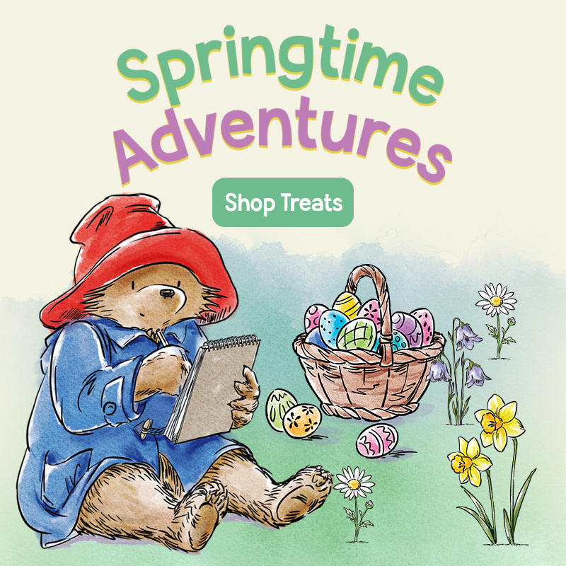 Cover of 'Springtime Adventures' book with a Paddington bear character and Easter eggs.
