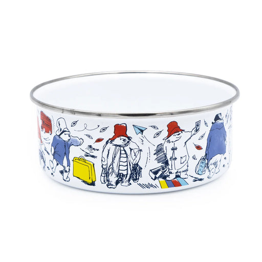 A white enamel cereal bowl with a silver metal rim, featuring a colorful illustration of Paddington Bear characters on the side.