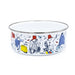 A white enamel cereal bowl with a silver metal rim, featuring a colorful illustration of Paddington Bear characters on the side.