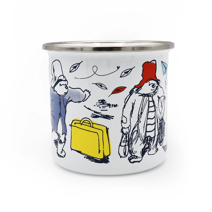 White Enamel mug with Paddington bear characters and a yellow suitcase on a white background