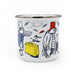 White Enamel mug with Paddington bear characters and a yellow suitcase on a white background