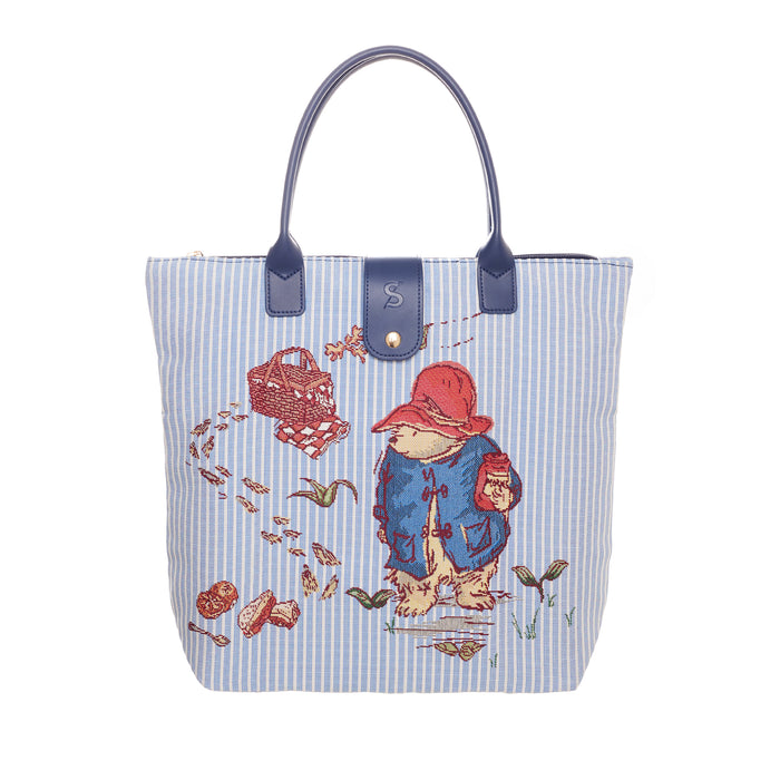 Blue and white striped foldable shopper bag with Paddington illustrations