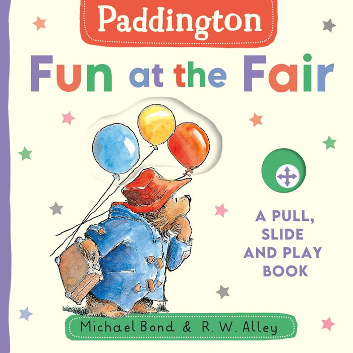 Book cover of 'Paddington Fun at the Fair' with Paddington Bear holding balloons.