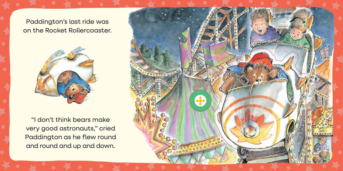 Illustration from a children's book showing Paddington on a rollercoaster with text.