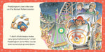 Illustration from a children's book showing Paddington on a rollercoaster with text.