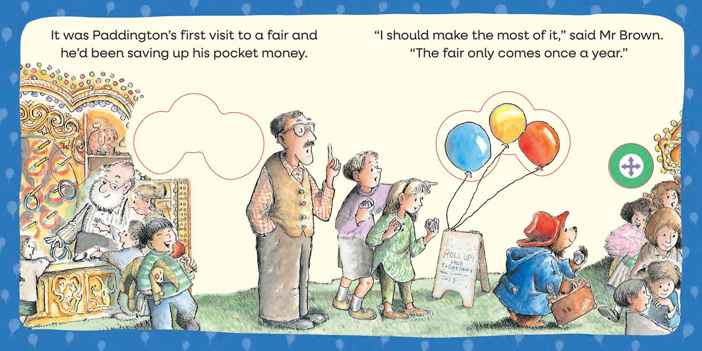 Illustration from a children's book with Paddington Bear at a fair, featuring text and colorful balloons.