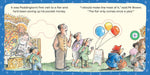 Illustration from a children's book with Paddington Bear at a fair, featuring text and colorful balloons.