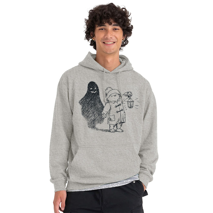 Person wearing a gray Halloween hoodie with a Paddington bear graphic design on a white background
