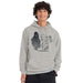 Person wearing a gray Halloween hoodie with a Paddington bear graphic design on a white background