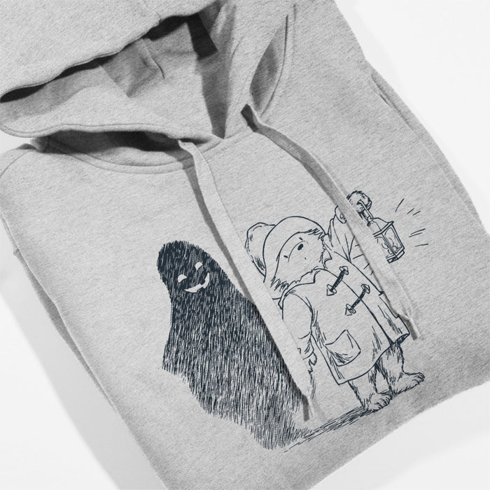 Gray hoodie with black and white Halloween illustrations of a ghost and Paddington bear holding a lantern on a white background