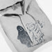 Gray hoodie with black and white Halloween illustrations of a ghost and Paddington bear holding a lantern on a white background