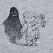 Illustration of Paddington bear holding a lantern with a shadowy figure behind it on a textured gray background.