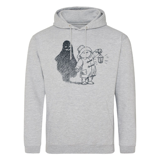 Gray hoodie with a black and white illustration of Paddington bear with a lantern and a ghost on a white background