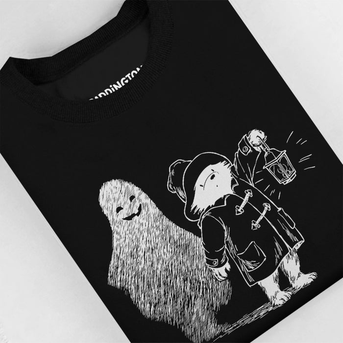 Black Halloween sweatshirt with a white graphic of a paddington bear and a ghost, featuring the brand 'Paddington'.