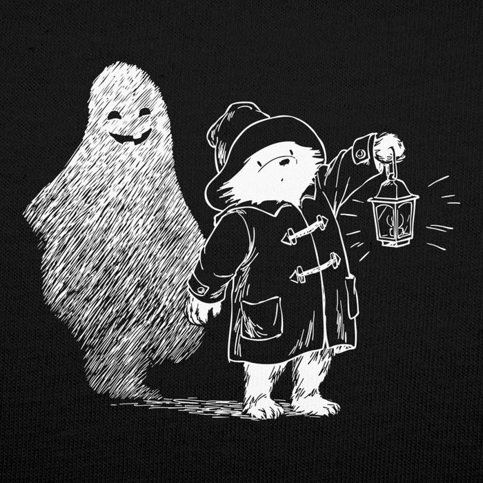 Illustration of Paddington bear in a coat with a lantern and a ghostly figure on a black background