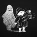 Illustration of Paddington bear in a coat with a lantern and a ghostly figure on a black background