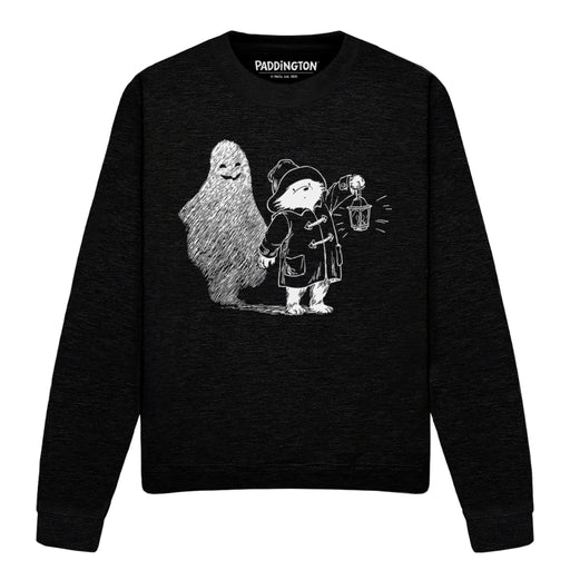 Black Halloween sweatshirt with white graphic of a bear and ghost, featuring the Paddington Bear brand.