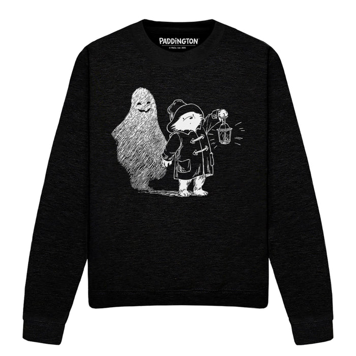 Black Halloween sweatshirt with white graphic of a bear and ghost, featuring the Paddington Bear brand.