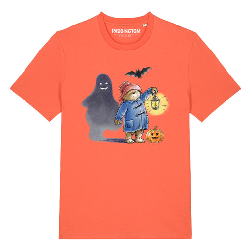 Orange t-shirt with Paddington Bear and ghost graphic on a white background