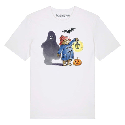 White t-shirt with Paddington Bear Halloween design featuring a ghost, pumpkin, and bat.