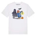 White t-shirt with Paddington Bear Halloween design featuring a ghost, pumpkin, and bat.