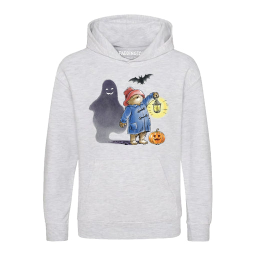 Grey Halloween hoodie with Paddington Bear and ghost design on a white background