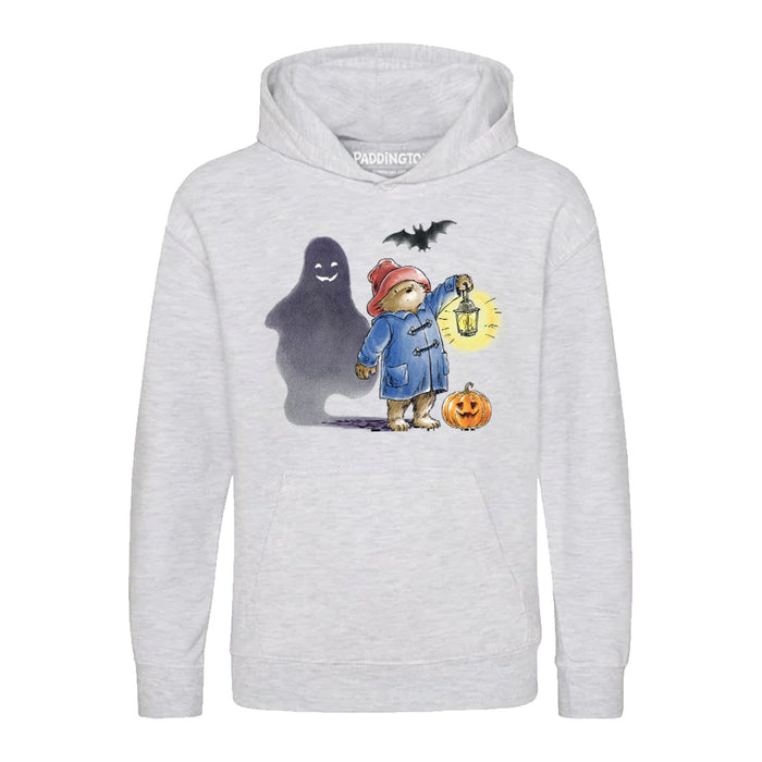 Grey Halloween hoodie with Paddington Bear and ghost design on a white background